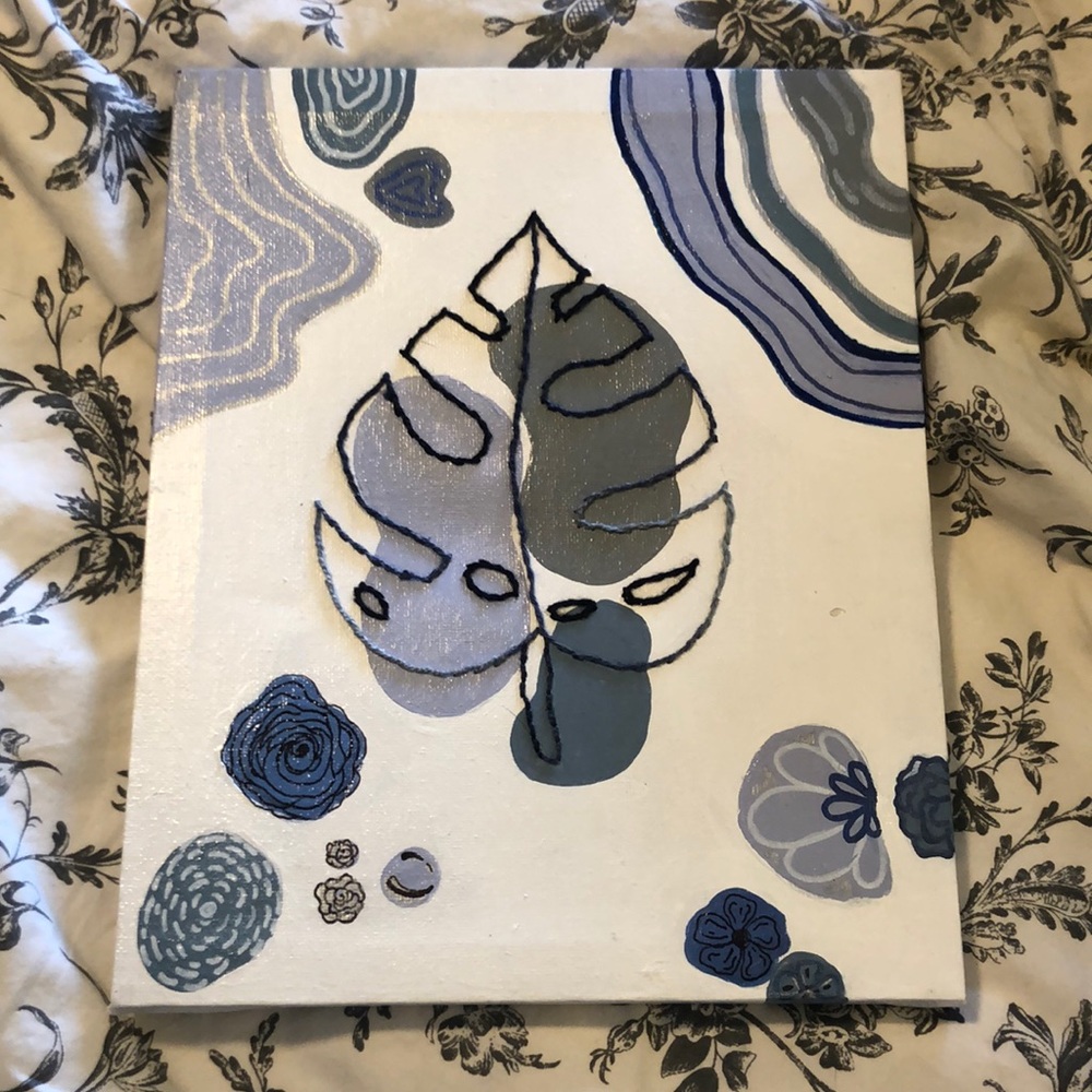 Hand painted canvas with hand embroider leaf